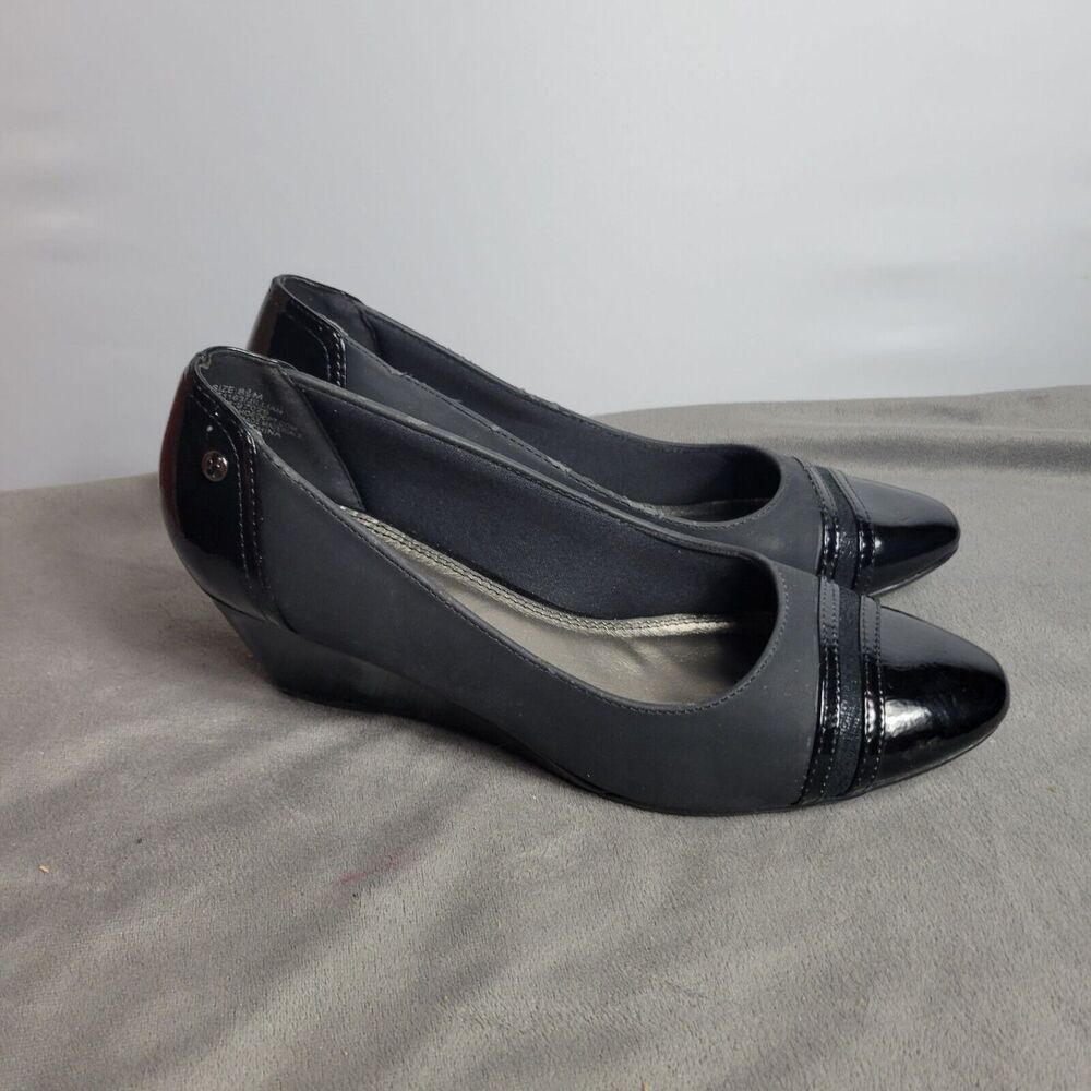 Marbella Womens Black Wedge Heels Size 8M Faux Leather‎